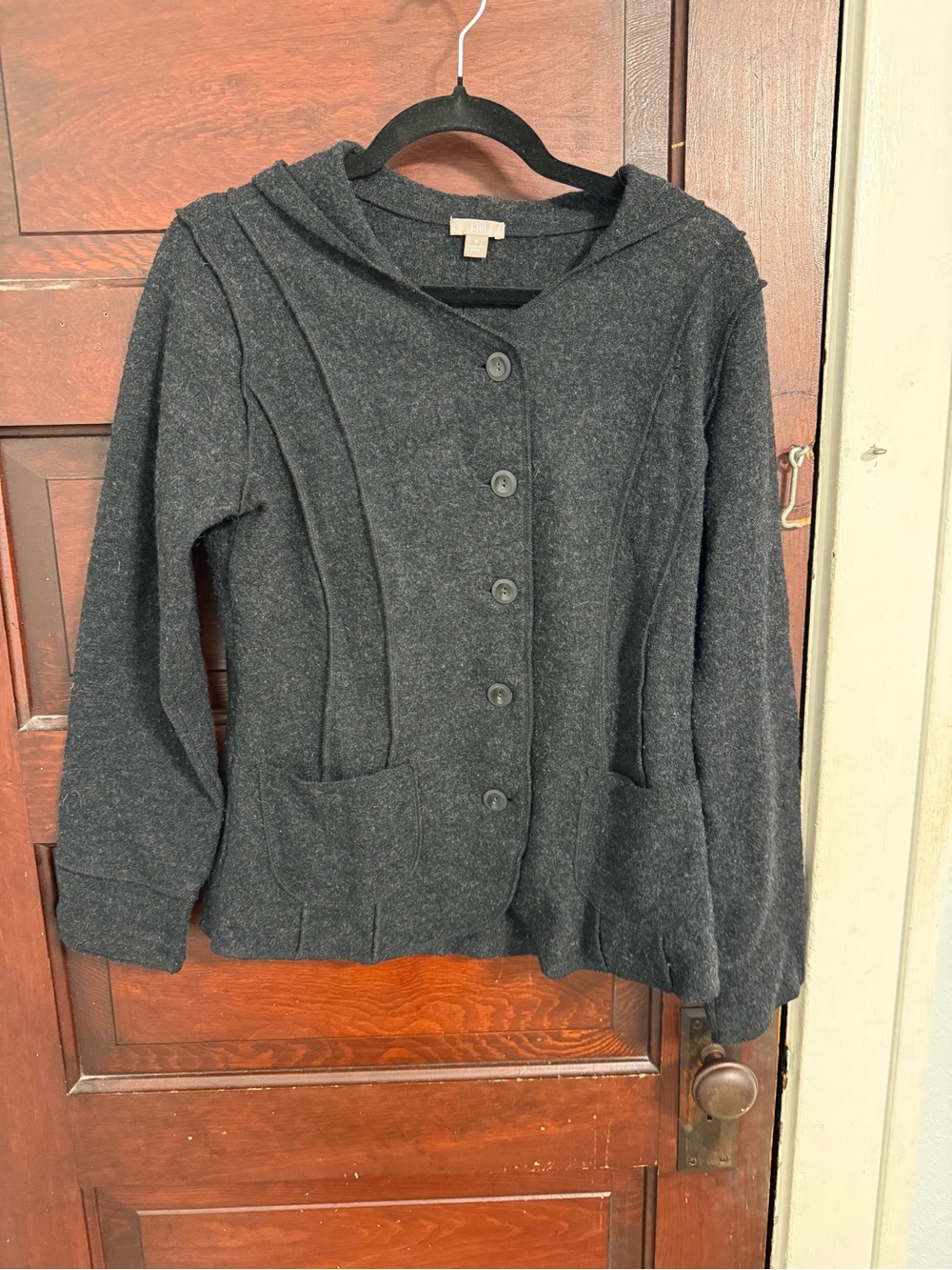 J. Jill Charcoal Hooded Button-Front Cardigan 100% wool